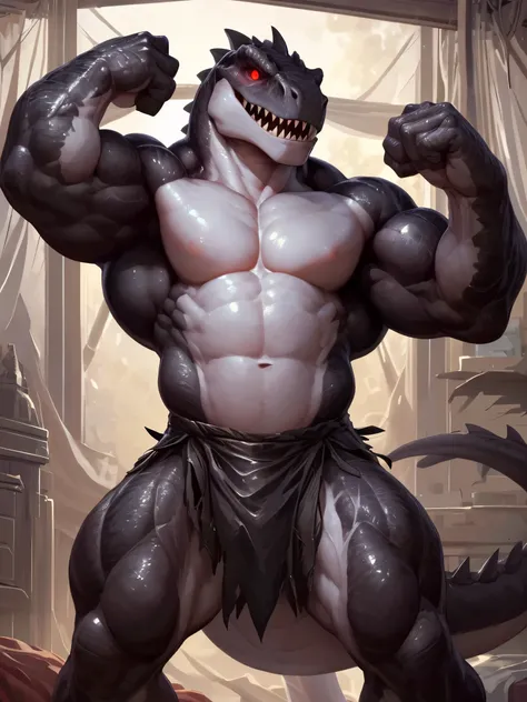 solo, anthro, furry male, ultra details, T-Rex, ((ultra detailed muscles)), (T-Rex print), black scales, white belly, black spiny scales, bedroom, standing up, muscle pose, front double biceps pose, bodyguard outfit, black claws, red eyes, slit eyes, slim ...