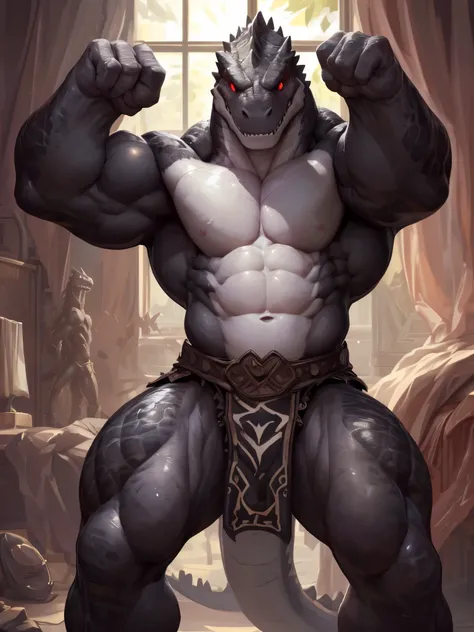 solo, anthro, furry male, ultra details, T-Rex, ((ultra detailed muscles)), (T-Rex print), black scales, white belly, black spiny scales, bedroom, standing up, muscle pose, front double biceps pose, bodyguard outfit, black claws, red eyes, slit eyes, slim ...