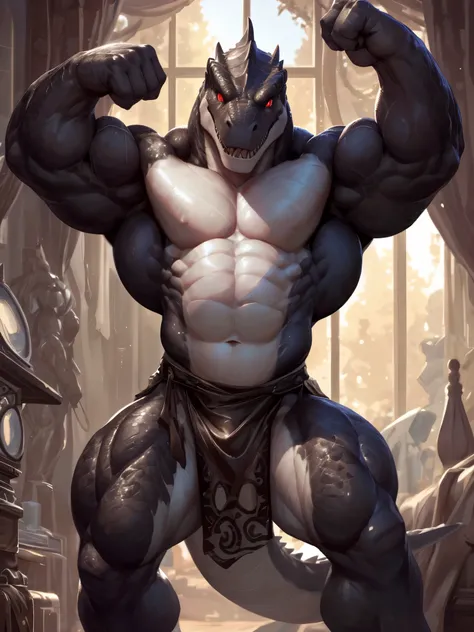 solo, anthro, furry male, ultra details, T-Rex, ((ultra detailed muscles)), (T-Rex print), black scales, white belly, black spiny scales, bedroom, standing up, muscle pose, front double biceps pose, bodyguard outfit, black claws, red eyes, slit eyes, slim ...