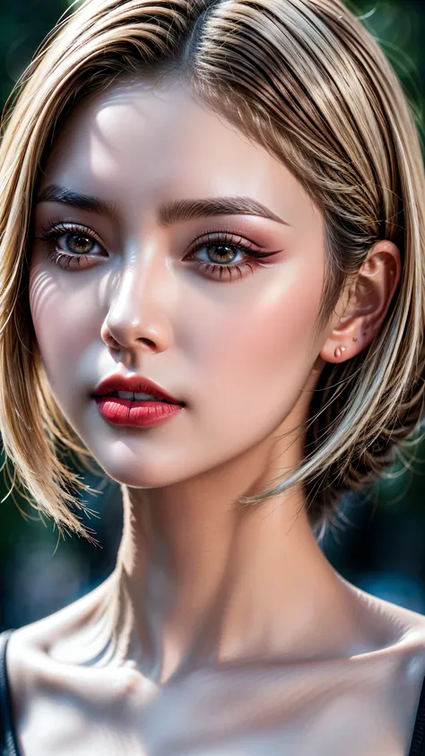 realism, realistic, ((ultra realistic details: velvety skin, blonde short slicked to the side hair, symmetrical lips, light glos...