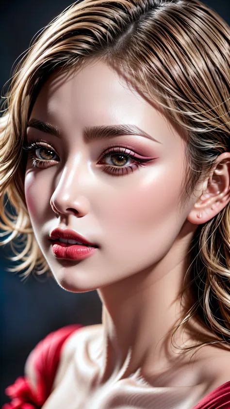 realism, realistic, ((ultra realistic details: velvety skin, blonde short slicked to the side hair, symmetrical lips, light glos...