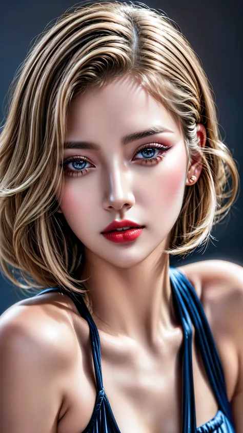 realism, realistic, ((ultra realistic details: velvety skin, blonde short slicked to the side hair, symmetrical lips, light glos...