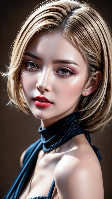 Realism, Realistic, ((ultra realistic details: velvety skin, blonde short slicked to the side hair, symmetrical lips, light glossy red_lipstick, long blue_eyelashes, pupils, BREAK ((brown_eyes))), anatomicallycorrect, perfect proportions), BREAK Hyper-Phot...