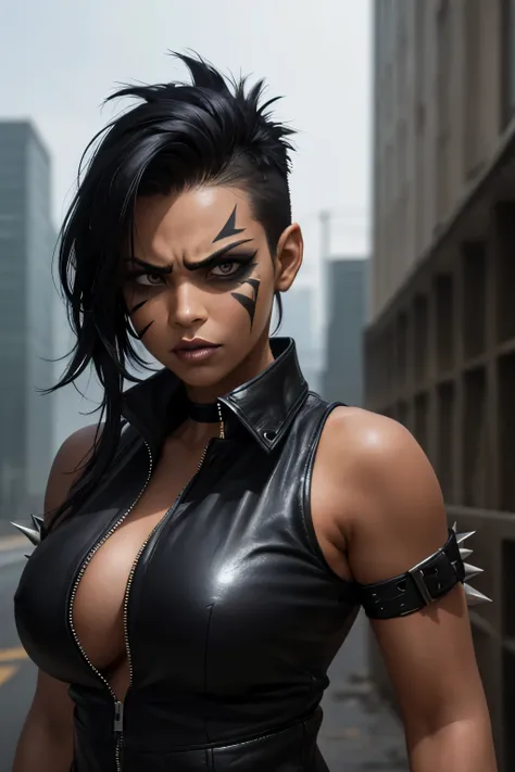 Woman, Black Hair, Black Eyes, Large Breasts, Post Apocalypse, Spiked Shoulder Pads, Mowhawk Hair, Black Face Paint, Black Leather Vest, Scavenger Muscular, Angry Face