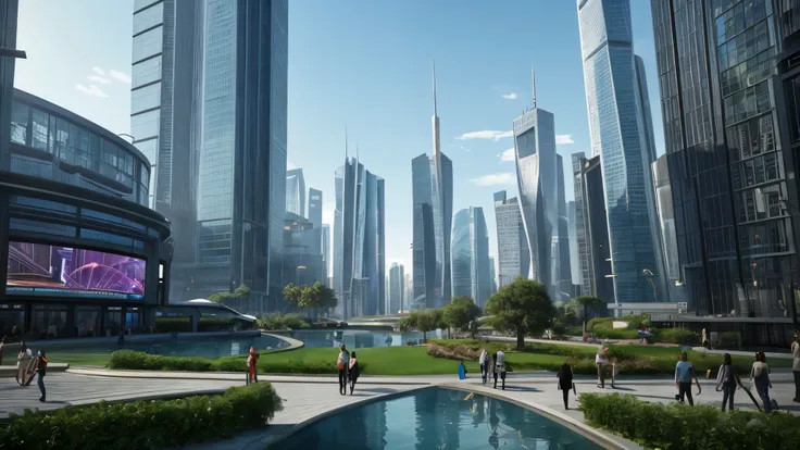 scifi, beautyful futuristic park, architectual, organic skyscraper, space design, cyberpunk, futuristic, lake, people, hightech, hard-surface design, daylight, much tech, much electronic, very cozy, ambient light, realistic view, wide angle, year 2224