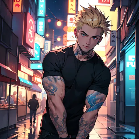 ((best quality)), ((masterpiece)), (detailed), male, muscular body, punk, tattoos, black shirt, very short spiky blonde hair, rim lighting, city background, night, red and blue lights, piercings