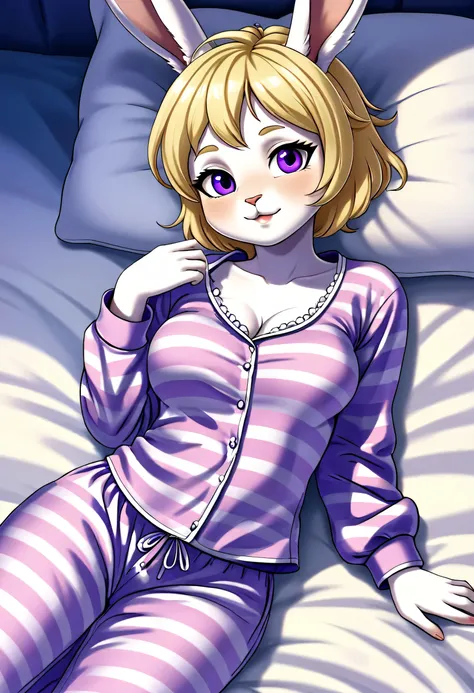 A bunny girl named Cera, her fur is white colored, her short feathered hair is blonde, and her eyes are purple. She has a fit body and budding breasts. She is wearing pajamas. Cera is laying on a bed her eyes half open, looking at viewer. She is sleepy.