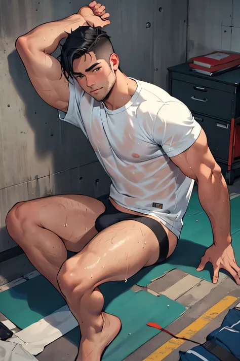 ((best quality)), ((masterpiece)), (detailed), bara daddy, laying down, sweaty, muscular, short black hair. full body, bedroom, wet t-shirt, jockstrap 