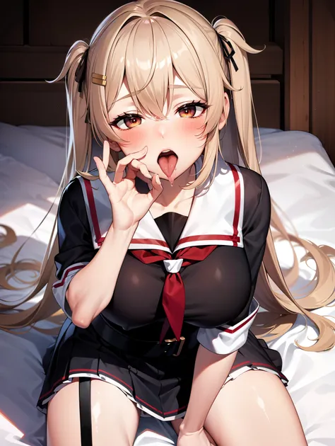 bb Murasa, Long Hair, Both sides up, Hair flap, Hair Clip, Heterochromia iridis, Red eyes, Brown eyes, White sailor collar, Red neckerchief, Black Shirt, Removable sleeves, White Belt, Black Skirt, Garter Straps, (Big Breasts:1.2), (low length:1.2), A smal...