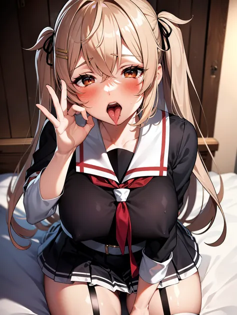 bb Murasa, Long Hair, Both sides up, Hair flap, Hair Clip, Heterochromia iridis, Red eyes, Brown eyes, White sailor collar, Red neckerchief, Black Shirt, Removable sleeves, White Belt, Black Skirt, Garter Straps, (Big Breasts:1.2), (low length:1.2), A smal...