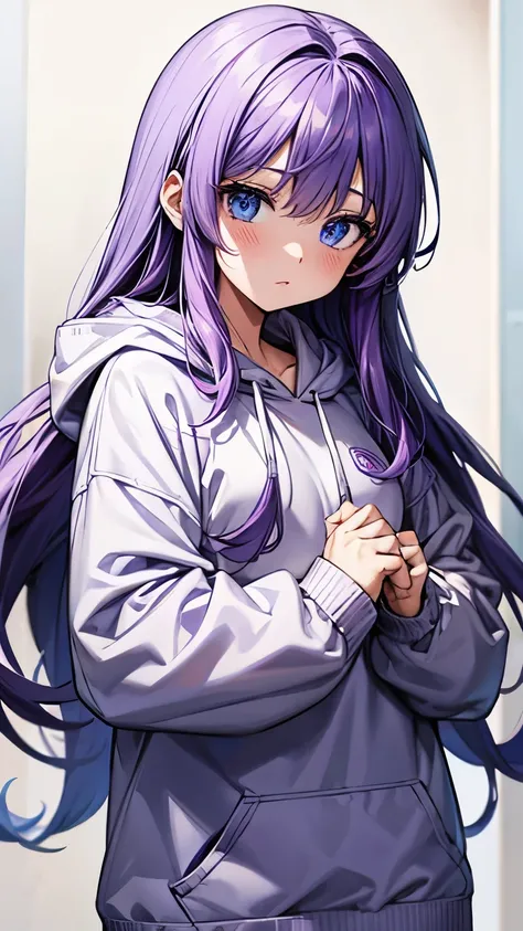 Purple Hair、long、Blue eyes、White hoodie