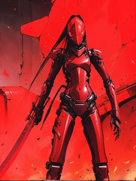 A futuristic cyber warrior in an aggressive stance, prepared for battle. The character is in a low position, with legs extended and firmly planted, while holding a red katana that emits an intense, fiery glow. The warrior wears black, sturdy armor., with a...