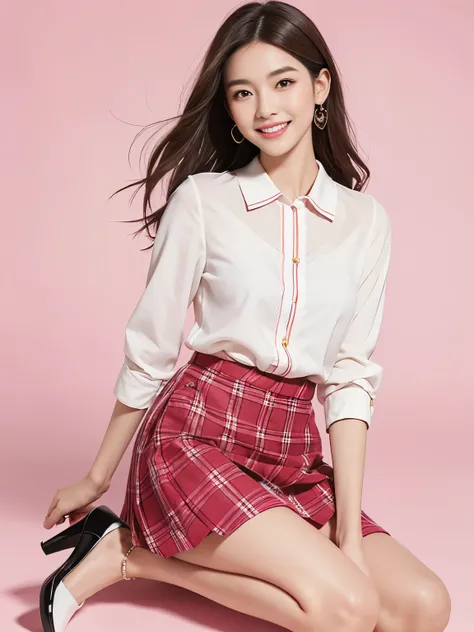 High-quality, 8K, detailed fashion photo with a minimalistic pink background and smooth floor. A beautiful Japanese woman with brown hair, wearing a white blouse, checkered skirt, and black heels, is smiling. Her long, beautiful legs are prominently featur...