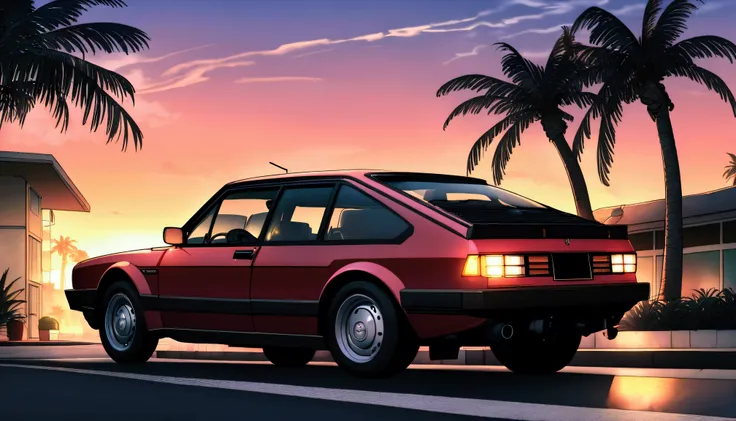 ((ＴShirt Design)), 1985 Saab 900 Turbo, Sunset background, Palm tree, Layers with 5 colors, Corner of the street, Bereks drum, Plethean, 