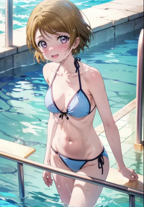 Hanayo Koizumi, hanayo　Koizumi, short hair, Brown Hair, Purple eyes,Big Breasts,smile,Open your mouth,blush,Green string bikini swimsuit,barefoot,Wet swimsuit,Wet Skin,Wet Hair,Water Play,True Summer,Daytime,Clear skies,whole bodyがイラストに入るように,　　　　　　　　　　　　　　...