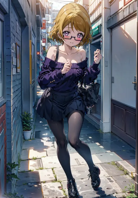 Hanayo Koizumi, hanayo Koizumi, short hair, Brown Hair, Purple eyes,Big Breasts,Black-rimmed glasses,smile,Open your mouth,blush,Green one-shoulder sweater,mini skirt,Black pantyhose,short boots,Walking,morning,morning陽,The sun is rising,On the way to scho...