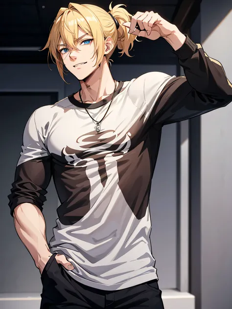 Anime attractive man, 20 year old, blonde hair, very very short ponytail, tall, muscular, black t-shirt, casual clothes, solo, one person, high resolution, high quality, masterpiece, masculine face, smirk.