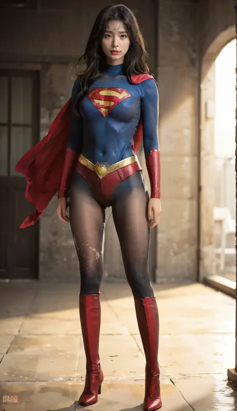 No background、(((Always close your eyes)))、(((Beautiful legs in black tights.)))、(((Legalize the beauty of your suffering face)))、((((Make the most of your original images)))、(((Supergirl Costume)))、(((Beautiful Hair)))、(((suffering)))、(((Please wear black...
