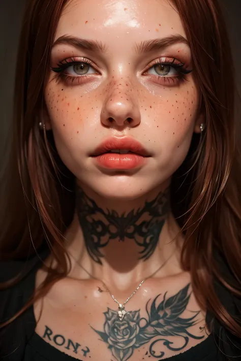 realistic portrait of a 25 year old woman, intense gaze, brown eyes, soft smile, freckles on her face, red hair, colorful tattoo...