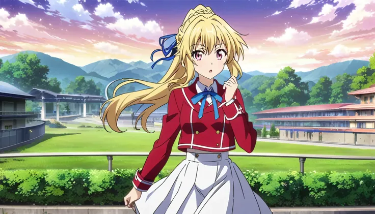 gril,pink eyes,anime ,Red school outfit,white skirt,Blue ribbon,beauty,blonde hair, braid hairstyle, ponytail, Anime Styles, Infinite stratos Styles, female, Is Gakuen background