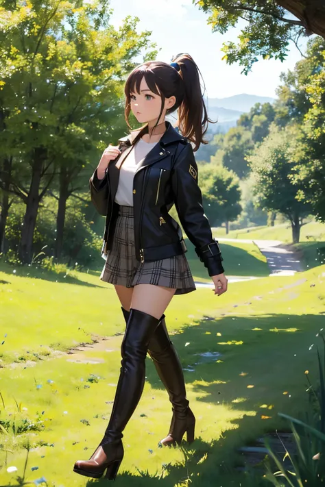 thigh high boots, platform boots, brown boots, girl, high heels, ponytail, countryside, nature, walking