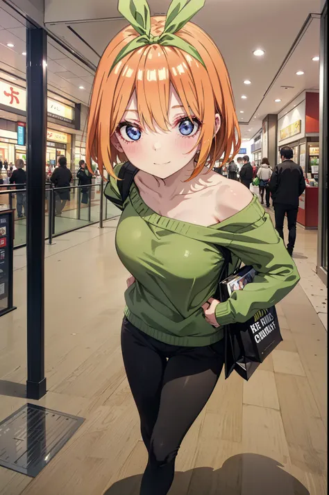 Yotsubanakano, Fourth floor Nakano, bangs, short hair, blue eyes, Hair between the eyes, hair ribbon, hair band, Orange Hair, (Green ribbon:1.5), smile, Close your mouth,blush,Glasses,
Green one-shoulder sweater,mini skirt,Black pantyhose,short boots,Walki...