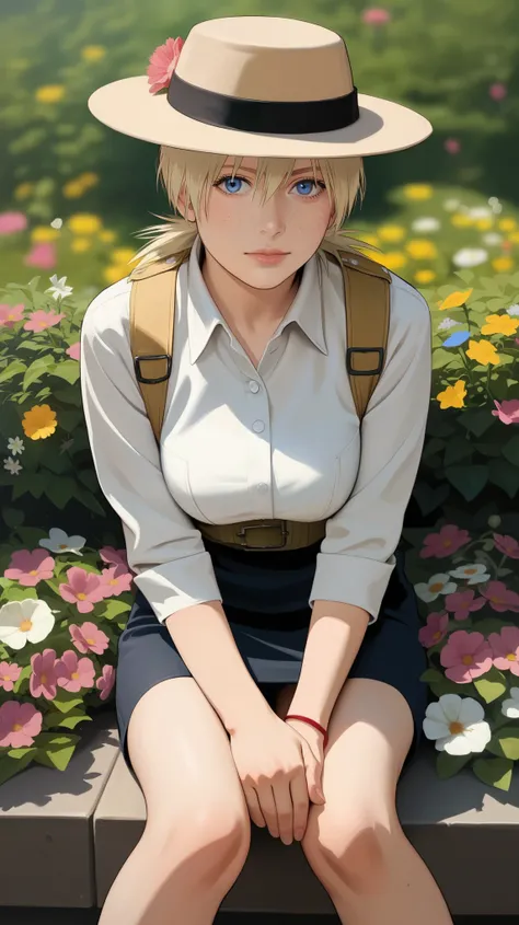 score_9, score_8_up, score_7_up, BREAK, rating_safe, zy_mirabel, 1girl, hat, flower, blonde hair, freckles, hat flower, large breasts, blue eyes, sit, garden, realistic, photo, real hair, detailed skin, highly detailed, detailed skin, depth of field, film ...