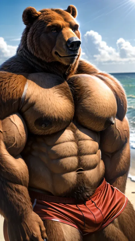 Male, bear, bara, (extremely_muscular), (thick_arms), (huge pecs), realistic, (solo boy), (Red shorts), on the beach