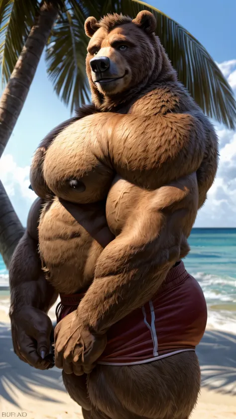 Male, bear, bara, (extremely_muscular), (thick_arms), (huge pecs), realistic, (solo boy), (Red shorts), on the beach