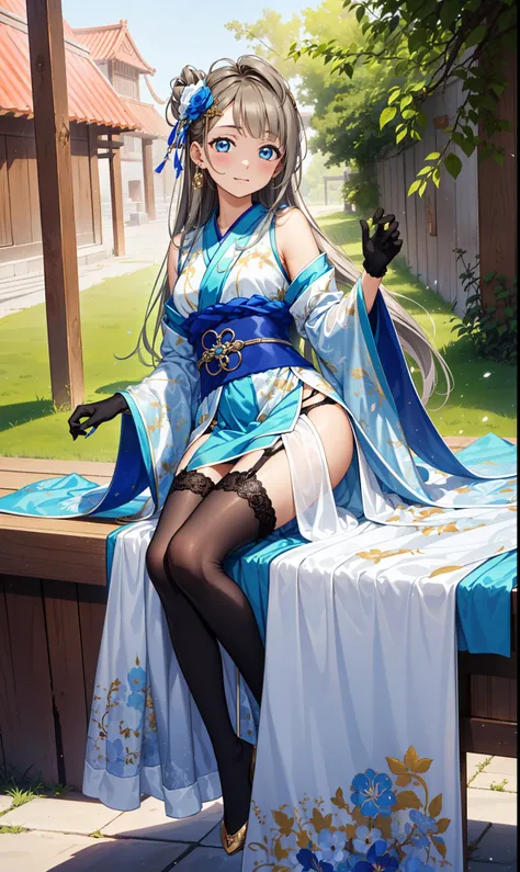 Top quality，best quality，Saint Ya Charm，happiness，Gentle expression，in love，(Transparent colored Hanfu，Exquisite and gorgeous design)，Black Gloves，Silver Hair，blue eyes，See through transparent clothes，Exquisite hair accessories，Transparent lace，Engraving p...