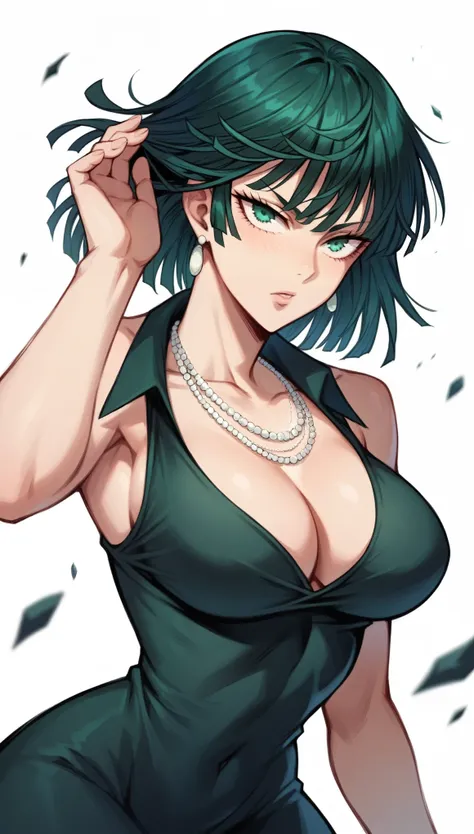 fubuki from one punch man, black dress, cleavage, necklaces