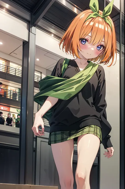 Yotsubanakano, Fourth floor Nakano, bangs, short hair, blue eyes, Hair between the eyes, hair ribbon, hair band, Orange Hair, (Green ribbon:1.5), smile, Close your mouth,blush,Glasses,
Green one-shoulder sweater,mini skirt,Black pantyhose,short boots,Walki...