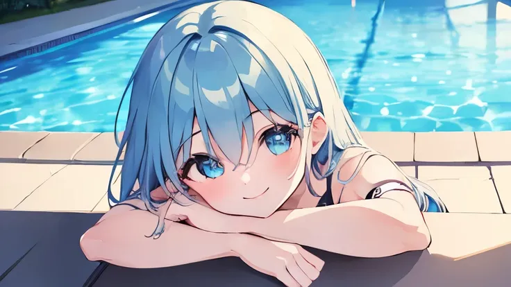 ((masterpiece)), ((best quality)), (ultra-detailed), pool, a cute girl, 1girl, solo, bikini, ((beautiful eyes)), smile