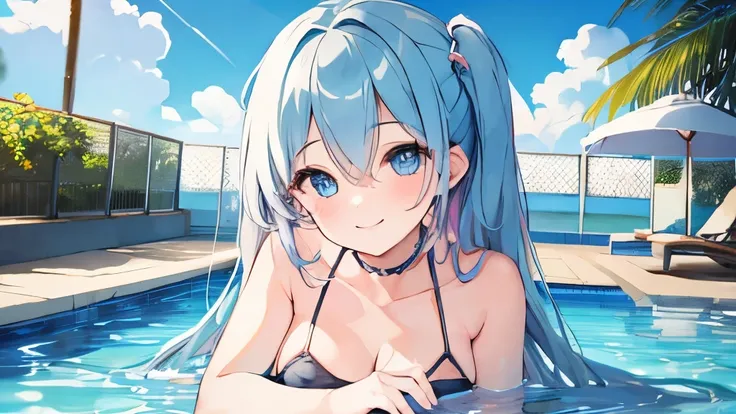 ((masterpiece)), ((best quality)), (ultra-detailed), pool, a cute girl, 1girl, solo, bikini, ((beautiful eyes)), smile