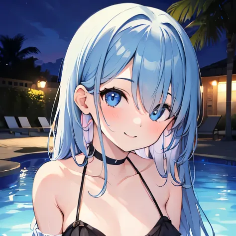 ((masterpiece)), ((best quality)), (ultra-detailed), pool, night, a cute girl, 1girl, solo, bikini, ((beautiful eyes)), smile