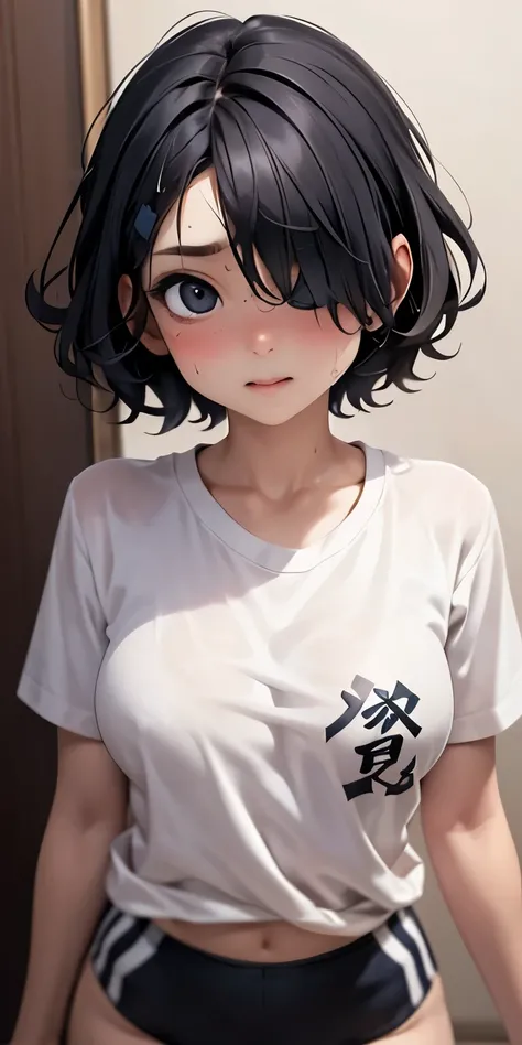 (8-year-old)Realistic Face、Sweaty、、Black hair covering one eye、Tomboy.Emphasis on breast valley、Wearing a tシャツ．短パン、Sexy posing、Embarrassed expression