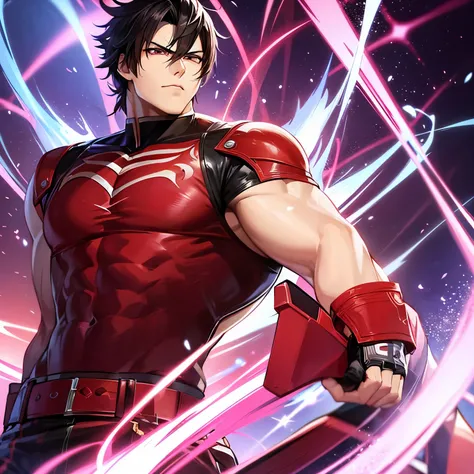 Jin kazama from tekken, he is an 18 year old with lean physique, he is looking extremely confident, his eyes has red glow,front view,anime style 