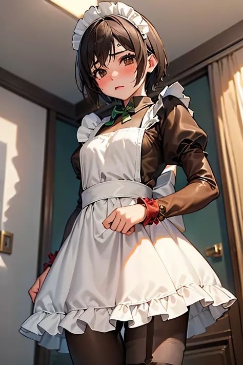 (Highest quality:1.1), (masterpiece:1.4), (Absurd:1.0), 
One Girl, Yuffie Kisaragi、Brown Hair、Short Hair、Medium chest、Looking at the audience、Bedroom、(blush:1.2)、Embarrassed expression、((pantyhose))、((Maid clothes))、((Photo from below))、