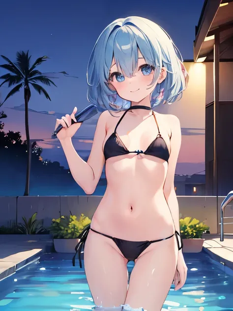 ((masterpiece)), ((best quality)), (ultra-detailed), pool, night, a cute girl, 1girl, solo, bikini, ((beautiful eyes)), smile