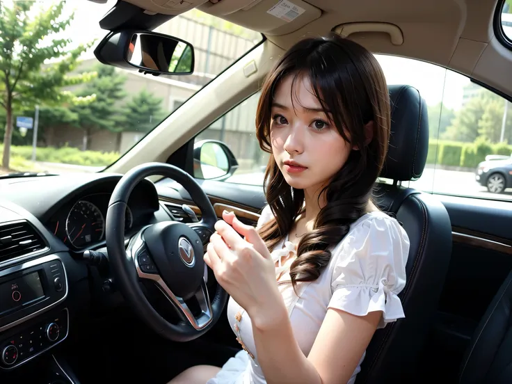 (masterpiece, highest quality), (colorful:1.4）,1girl,driving a car, holding the handle,drive,written boundary depth,while drivin...