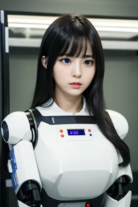 masterpiece, best quality, extremely detailed, Japaese android girl,portrait,Plump,a bit chubby,control panels,android,Droid,Mechanical Hand, Robot arms and legs, Black hair,Blunt bangs,perfect robot girl,long tube,thick cable connected her neck,android,ro...