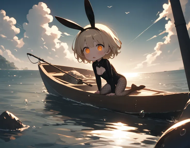 beautiful 1girl(blonde hair, big eyes,cosmic eyes, fishnet tights, rabbit ears, black leather bunny suit(reflecting light), sitting on a small wooden boat, boring face, sweat, perky breast,full body), the boat is equipped with a 1fishing rod, not a single ...