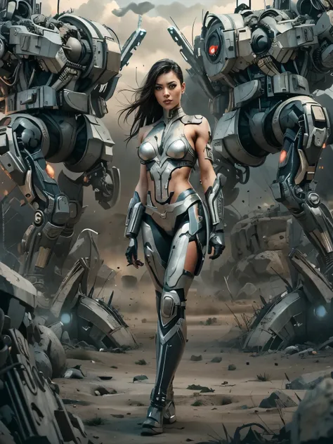 sexy attire cyborg girl, standing in a war battle field,