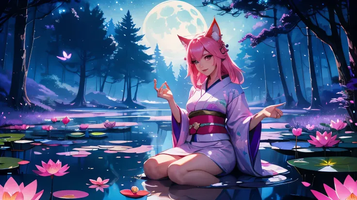 A high-definition animated scene featuring Ahri from League of Legends, with vibrant pink hair and amethyst eyes, in a moonlit forest pond. She poses seductively, wearing a detailed kimono, surrounded by glowing butterflies and shimmering water lilies, und...