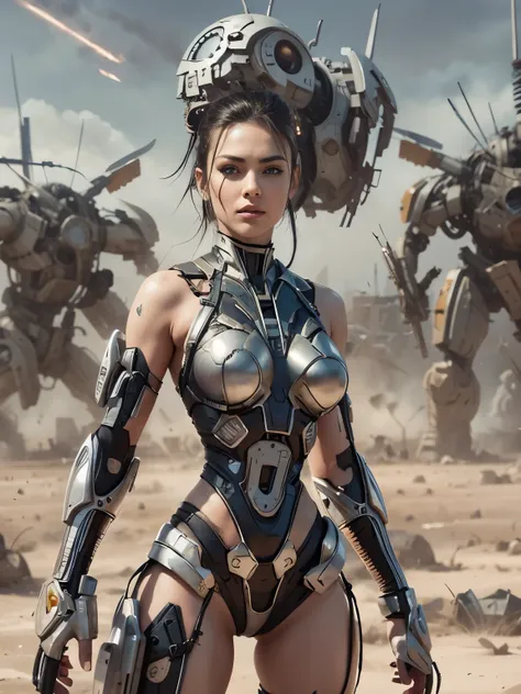 sexy attire cyborg girl, standing in a war battle field,