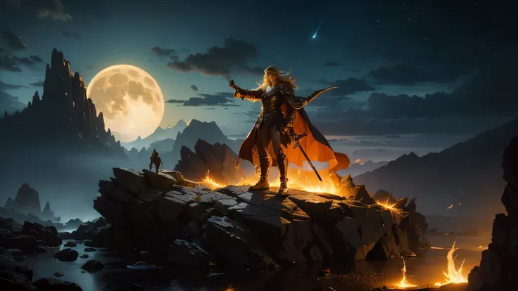 a heroic warrior with flowing golden hair stands triumphantly on a rocky outcrop, bathed in the light of a large, luminous full ...