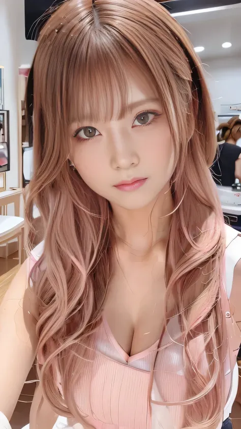 hair color: pink　model　woman　long hair　sleeveless　pink clothes　diagonal　selfie　diagonal上　selfie　summer