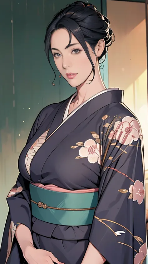 1,Japanese hairstyle,Photorealism,detailed,masterpiece,mature,((full)), (Broad shoulders), ((Huge)),Plus size mature women,expensive,30 years old,Pretty face, (Plump woman),Beautiful long-sleeved kimono,kimono,Hold your chest with both hands:1,high quality...