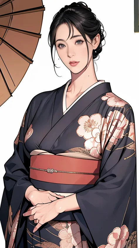 1,Japanese hairstyle,Photorealism,detailed,masterpiece,mature,((full)), (Broad shoulders), ((Huge)),Plus size mature women,expensive,30 years old,Pretty face, (Plump woman),Beautiful long-sleeved kimono,kimono,Hold your chest with both hands:1,high quality...