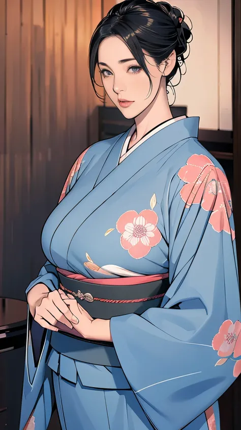 1,Japanese hairstyle,Photorealism,detailed,masterpiece,mature,((full)), (Broad shoulders), ((Huge)),Plus size mature women,expensive,30 years old,Pretty face, (Plump woman),Beautiful long-sleeved kimono,kimono,Hold your chest with both hands:1,high quality...